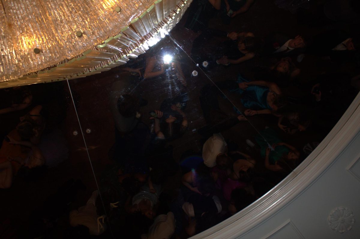 Picture of the dance floor reflected from the ceiling. 