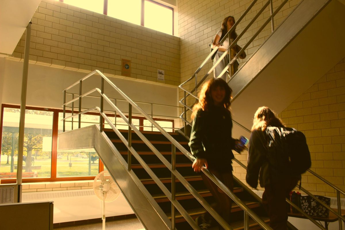 SCHOOLS OUT: Jenna Coller races down the McGowan staircase.