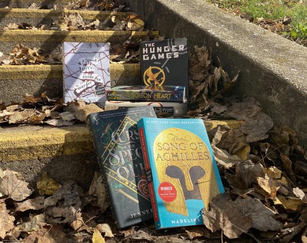 Song of Achilles, Curse of the Specter, the Hunger Games, A Good Girls Guide to Murder, the Reappearance of Rachel Price, and This Poison Heart sit on the staircase waiting for someone to pick up the best fall reads!